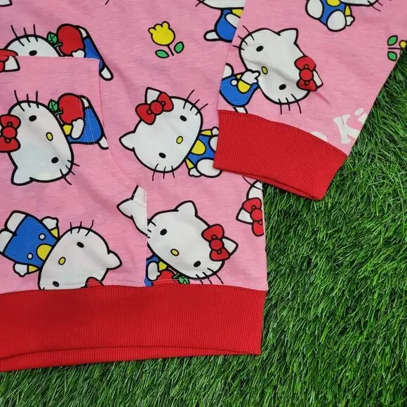 Hello-Kitty Sanrio Zip Hoodie Jacket Womens L/XL 21x27 Pink AOP Lightweight - Picture 10 of 14